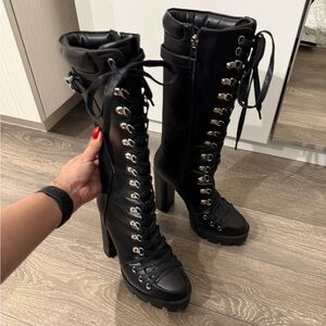 Black Lace-Up High Heel Boots